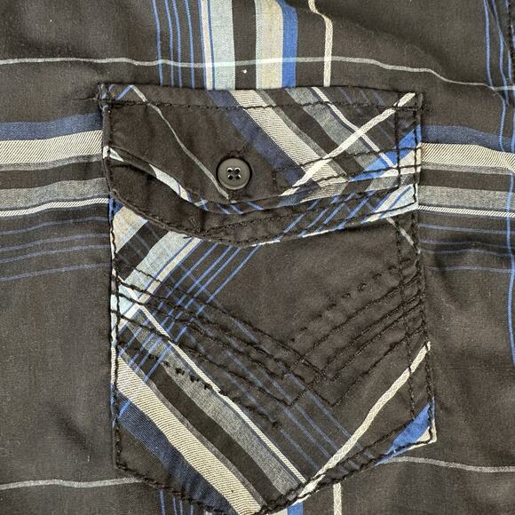 Carbon Men's Large Western Plaid Button Shirt Black Blue Long Sleeve - Picture 2 of 8